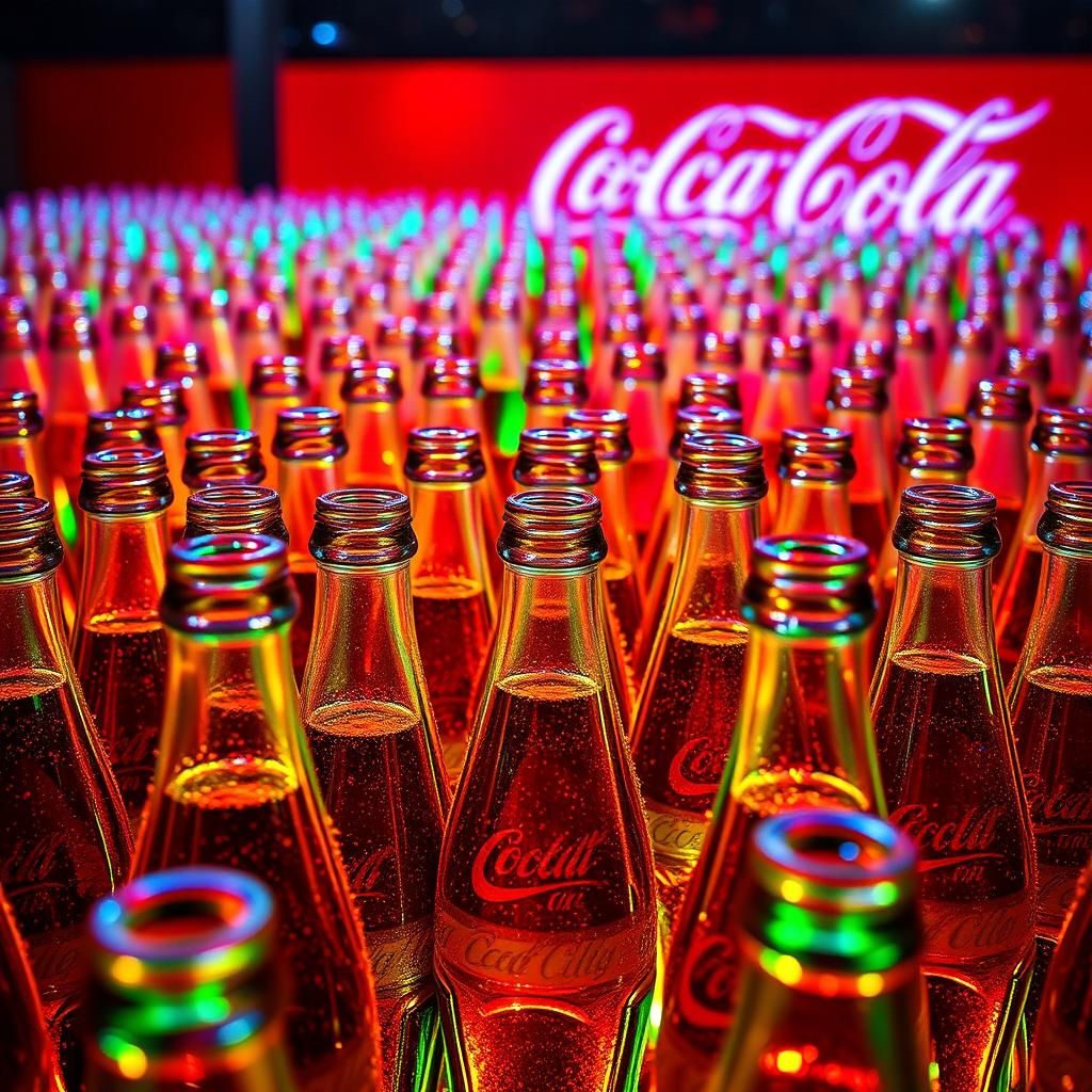 A striking image of a thousand Coca-Cola bottles arranged in an artistic display, each bottle glistening with condensation, reflecting light in various colorful hues