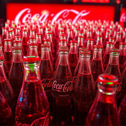 A striking image of a thousand Coca-Cola bottles arranged in an artistic display, each bottle glistening with condensation, reflecting light in various colorful hues