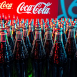 A striking image of a thousand Coca-Cola bottles arranged in an artistic display, each bottle glistening with condensation, reflecting light in various colorful hues