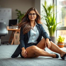 A fashionable secretary sitting on the floor in an office environment, wearing stylish business attire