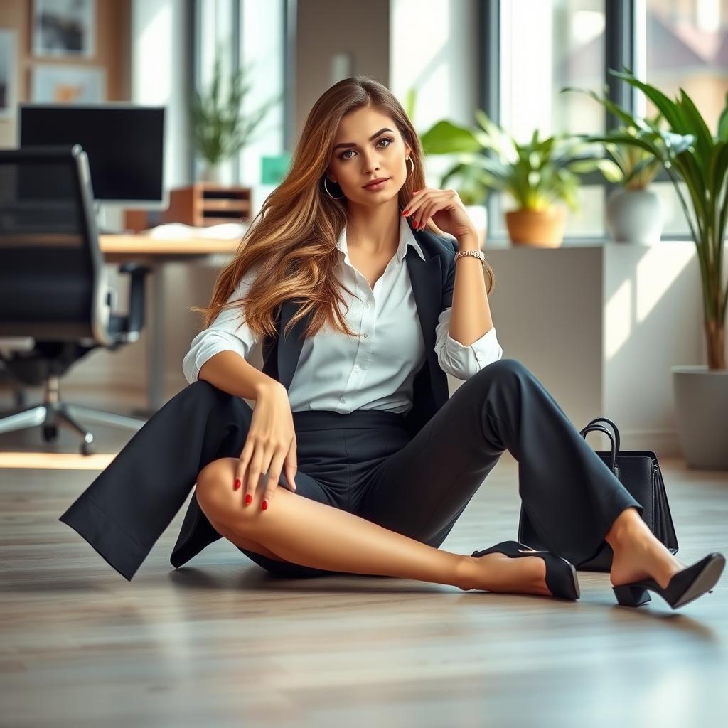 A fashionable secretary sitting on the floor in an office environment, wearing stylish business attire