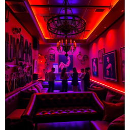 A vibrant and edgy bondage club interior, featuring dim lighting with red and purple hues creating an enticing atmosphere