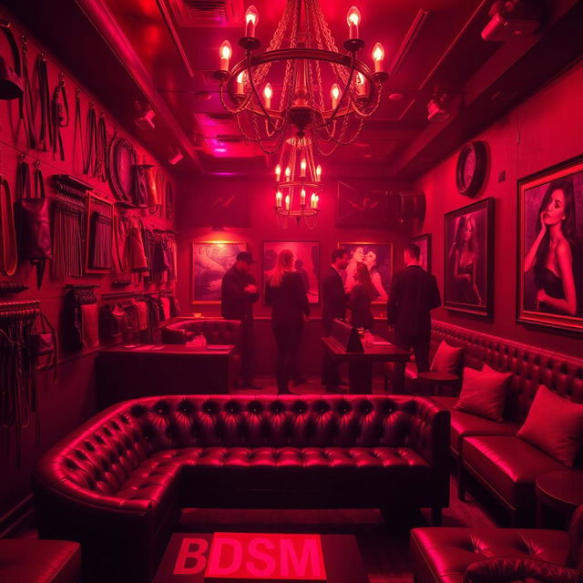 A vibrant and edgy bondage club interior, featuring dim lighting with red and purple hues creating an enticing atmosphere