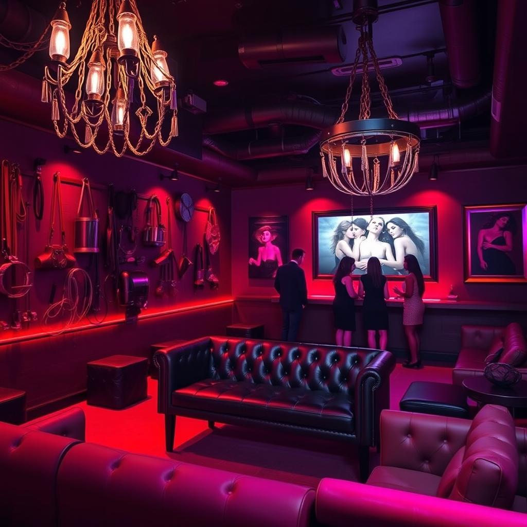 A vibrant and edgy bondage club interior, featuring dim lighting with red and purple hues creating an enticing atmosphere