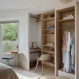 A contemporary bedroom design that cleverly includes a spacious walk-in closet, a study desk with comfortable chair, and a compact book rack filled with assorted books.