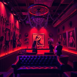 A vibrant and edgy bondage club interior, featuring dim lighting with red and purple hues creating an enticing atmosphere