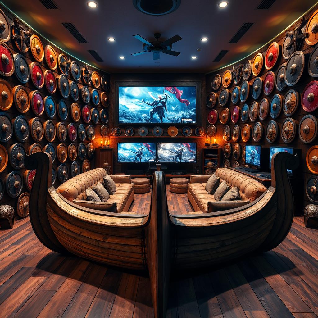 A vibrant PlayStation gaming center with a captivating Viking theme