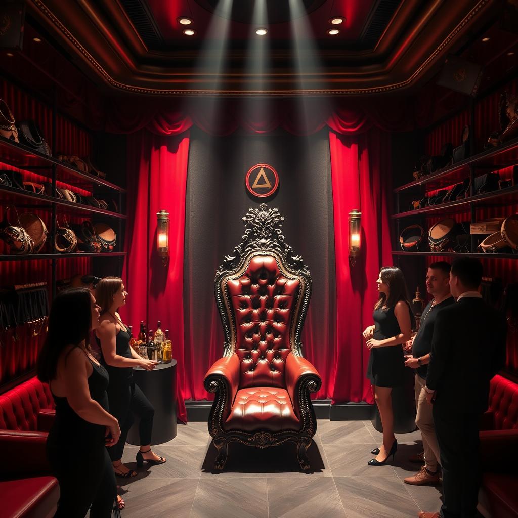 A stylish and upscale bondage club interior, featuring a rich color palette with deep reds, blacks, and gold accents