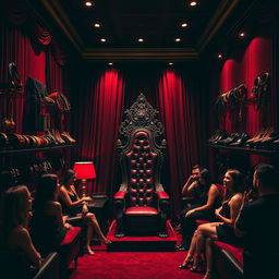 A stylish and upscale bondage club interior, featuring a rich color palette with deep reds, blacks, and gold accents