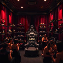 A stylish and upscale bondage club interior, featuring a rich color palette with deep reds, blacks, and gold accents