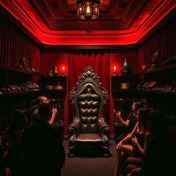 A stylish and upscale bondage club interior, featuring a rich color palette with deep reds, blacks, and gold accents