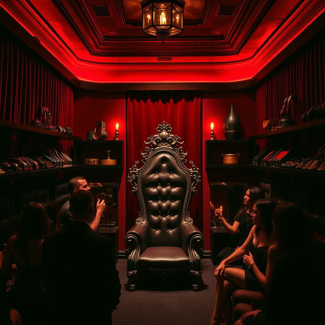 A stylish and upscale bondage club interior, featuring a rich color palette with deep reds, blacks, and gold accents