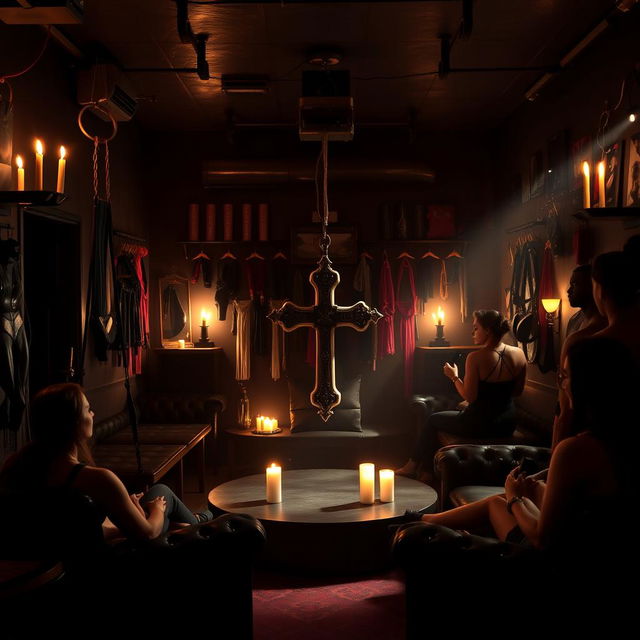 An atmospheric bondage club setting, featuring a dark and mysterious ambiance with low lighting and muted tones