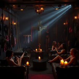 An atmospheric bondage club setting, featuring a dark and mysterious ambiance with low lighting and muted tones