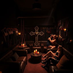 An atmospheric bondage club setting, featuring a dark and mysterious ambiance with low lighting and muted tones