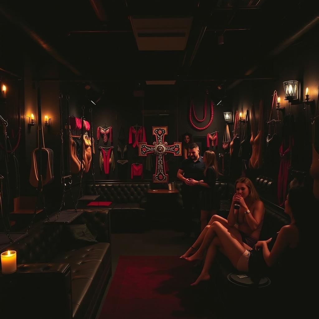 An atmospheric bondage club setting, featuring a dark and mysterious ambiance with low lighting and muted tones