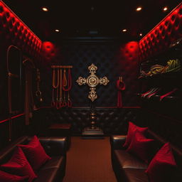 A dark and inviting bondage club interior, showcasing a blend of elegance and edge