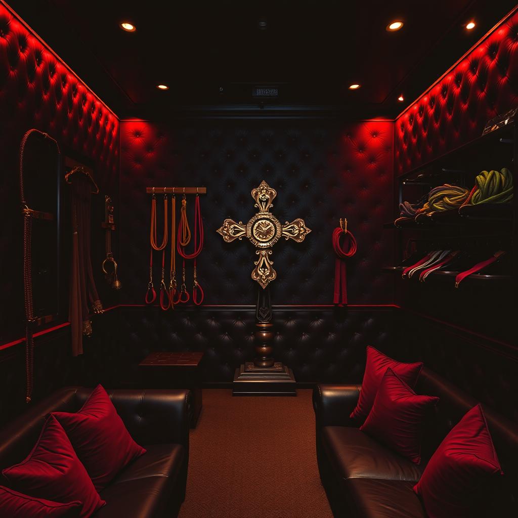 A dark and inviting bondage club interior, showcasing a blend of elegance and edge
