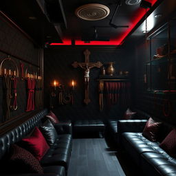 A dark and inviting bondage club interior, showcasing a blend of elegance and edge
