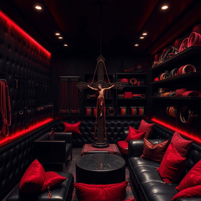 A dark and inviting bondage club interior, showcasing a blend of elegance and edge