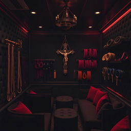A dark and inviting bondage club interior, showcasing a blend of elegance and edge