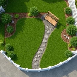 Aerial view of a 3D rectangular garden featuring lush green grass, gravel paths, and pine bark mulch