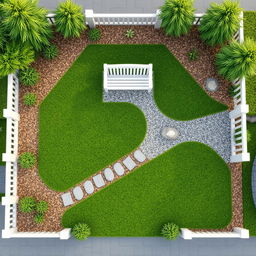 Aerial view of a 3D rectangular garden featuring lush green grass, gravel paths, and pine bark mulch
