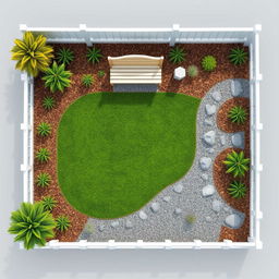 Aerial view of a 3D rectangular garden featuring lush green grass, gravel paths, and pine bark mulch