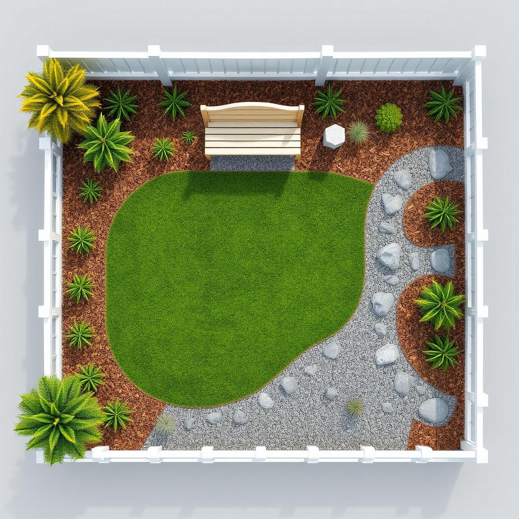 Aerial view of a 3D rectangular garden featuring lush green grass, gravel paths, and pine bark mulch