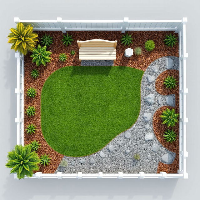 Aerial view of a 3D rectangular garden featuring lush green grass, gravel paths, and pine bark mulch