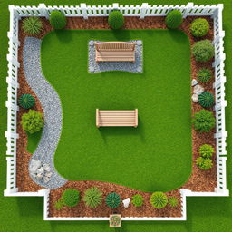 Aerial view of a 3D rectangular garden featuring lush green grass, gravel paths, and pine bark mulch