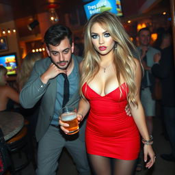 A sexy, beautiful, and curvy 18-year-old woman with very thick, long, messy dirty blonde hair and striking crystal blue eyes