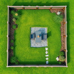 Aerial view of a 3D rectangular garden featuring vibrant green grass, a central path of gravel, and a stylish garden table