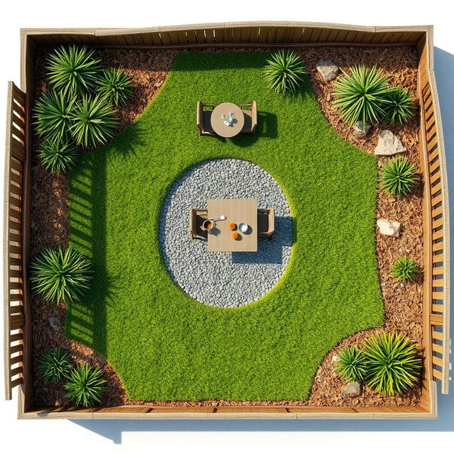 Aerial view of a 3D rectangular garden featuring vibrant green grass, a central path of gravel, and a stylish garden table