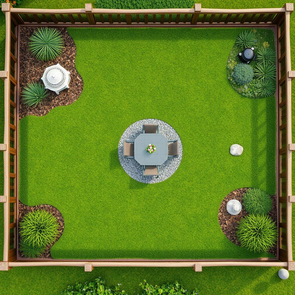 Aerial view of a 3D rectangular garden featuring vibrant green grass, a central path of gravel, and a stylish garden table