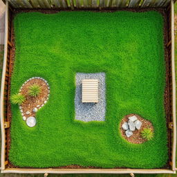 Aerial view of a 3D rectangular garden featuring vibrant green grass, a central path of gravel, and a stylish garden table