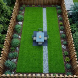 Aerial view of a long rectangular 3D garden featuring lush green grass and a central gravel path
