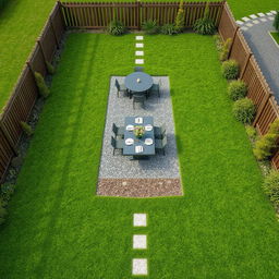 Aerial view of a long rectangular 3D garden featuring lush green grass and a central gravel path