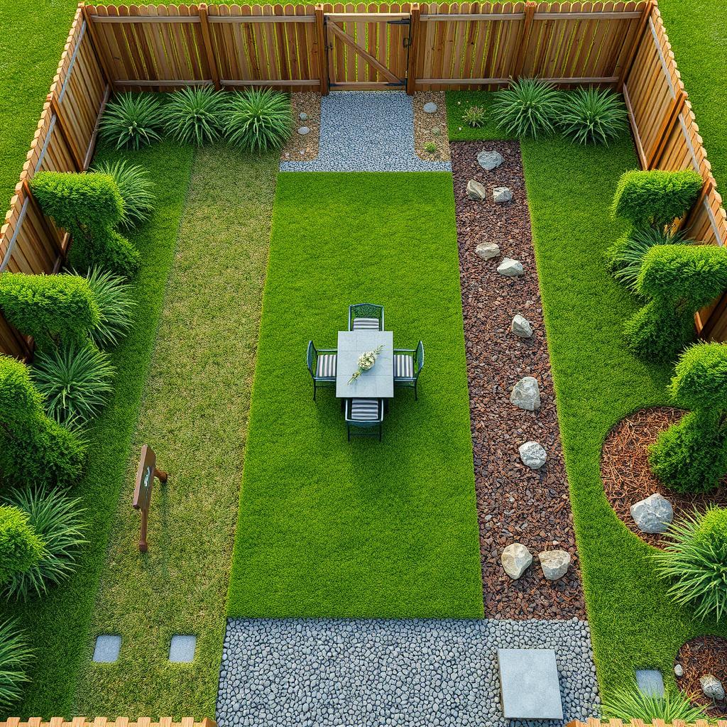 Aerial view of a long rectangular 3D garden featuring lush green grass and a central gravel path
