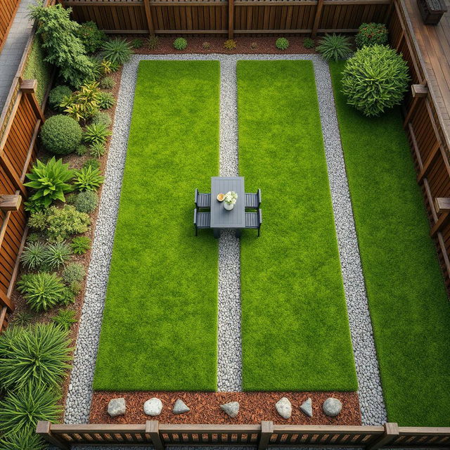Aerial view of a long rectangular 3D garden featuring lush green grass and a central gravel path