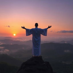 A solitary figure standing on a misty mountain peak, overlooking a vast valley filled with lush greenery and distant hills