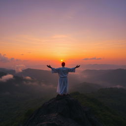A solitary figure standing on a misty mountain peak, overlooking a vast valley filled with lush greenery and distant hills