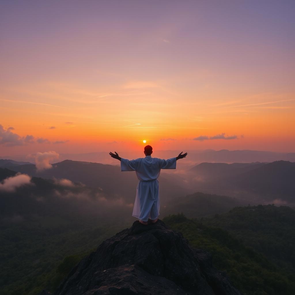 A solitary figure standing on a misty mountain peak, overlooking a vast valley filled with lush greenery and distant hills