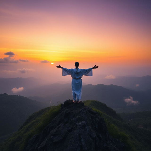 A solitary figure standing on a misty mountain peak, overlooking a vast valley filled with lush greenery and distant hills