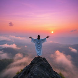 A solitary figure standing on a misty mountain peak, overlooking a vast valley filled with lush greenery and distant hills