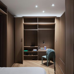 A contemporary bedroom design that cleverly includes a spacious walk-in closet, a study desk with comfortable chair, and a compact book rack filled with assorted books.