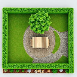 A 3D rectangular garden design featuring a combination of lush green grass and gravel areas