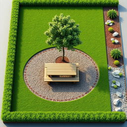 A 3D rectangular garden design featuring a combination of lush green grass and gravel areas