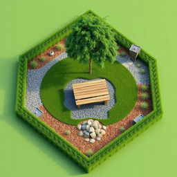 A 3D rectangular garden design featuring a combination of lush green grass and gravel areas
