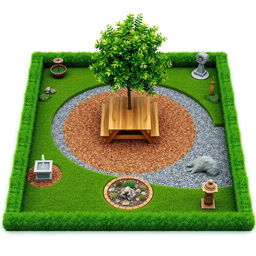 A 3D rectangular garden design featuring a combination of lush green grass and gravel areas